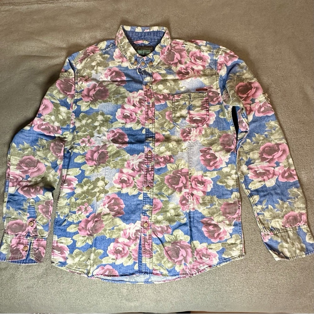 Rare Vintage Bapseti Les Nouveaux Designers Floral Denim Button-Up Shirt